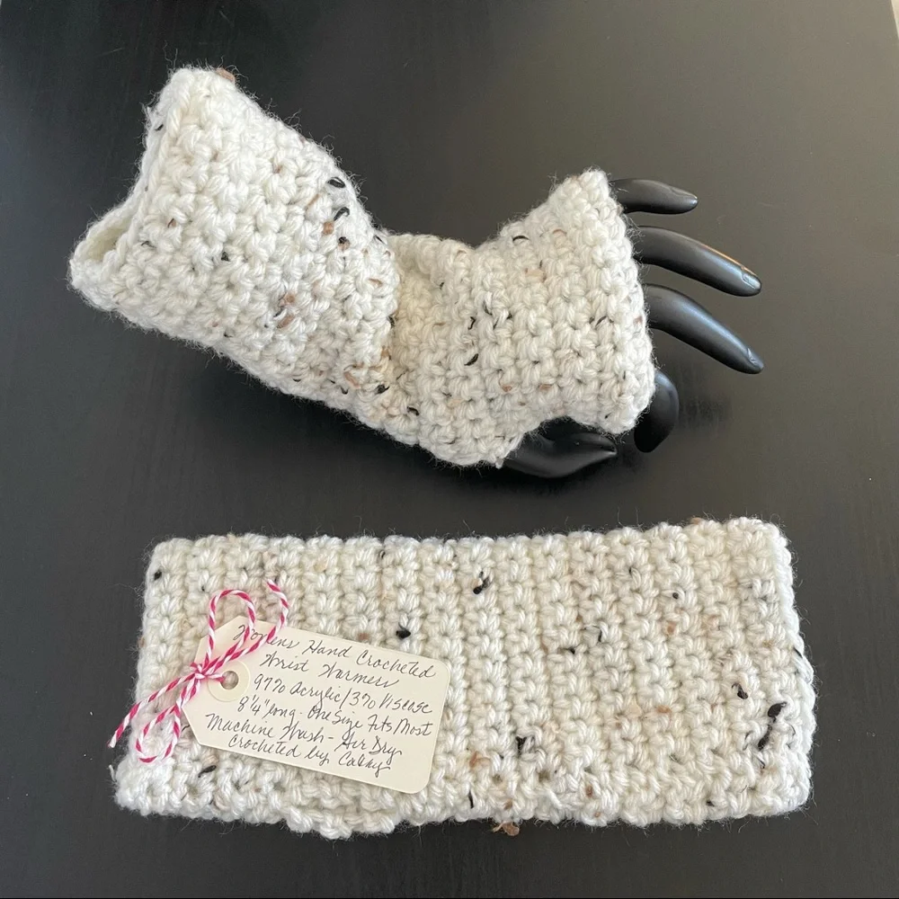 Hand Crafted Fingerless Gloves Crochet Cream OSFM Knit Outdoor Gift Women